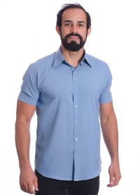 Camisa social azul claro masculina de tricoline manga curta