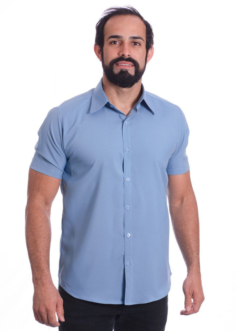 Camisa social azul claro masculina de tricoline manga curta