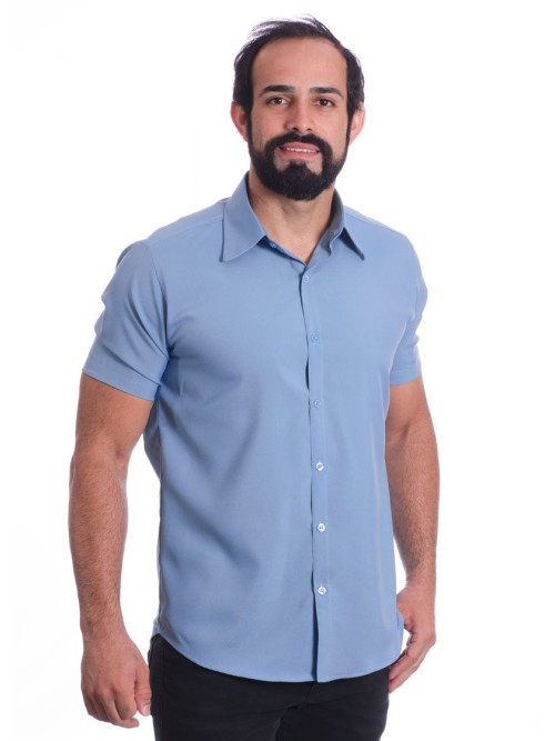 Camisa social azul claro masculina de tricoline manga curta