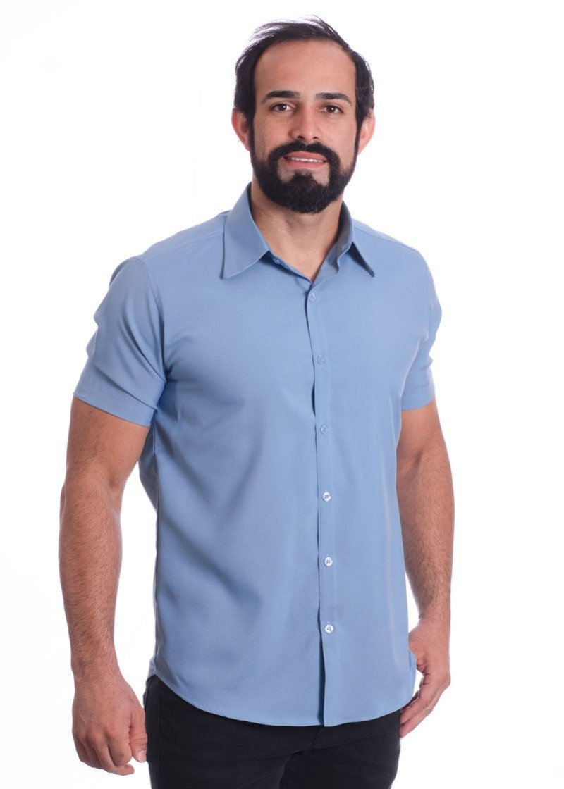 Camisa social azul claro masculina de tricoline manga curta