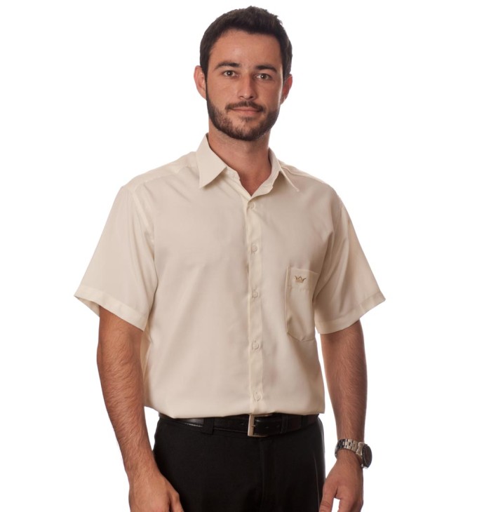 Camisa social bege de tricoline manga curta