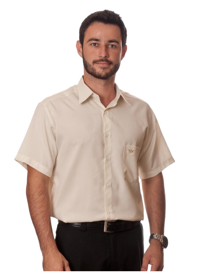 Camisa social bege de tricoline manga curta