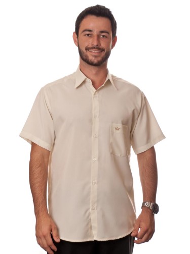 Camisa social bege de tricoline manga curta