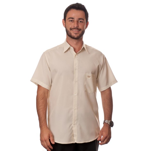 Camisa social bege de tricoline manga curta