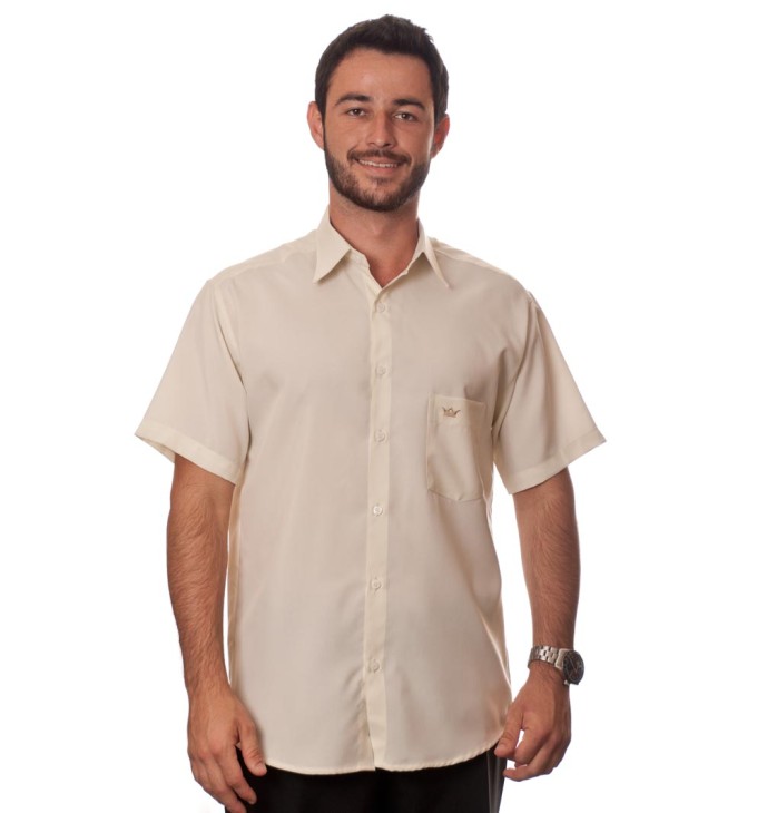 Camisa social bege de tricoline manga curta