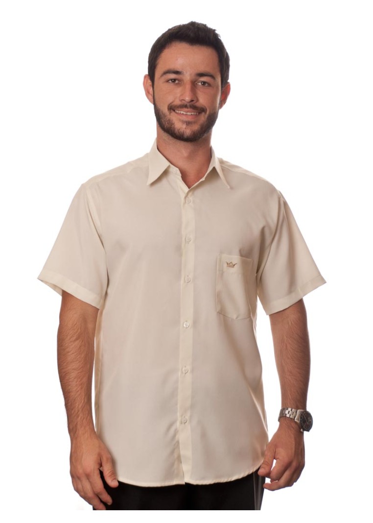 Camisa social bege de tricoline manga curta