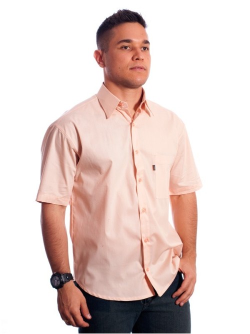 Camisa social salmão masculina de tricoline manga curta Camisa social salmão masculina de tricoline manga curta