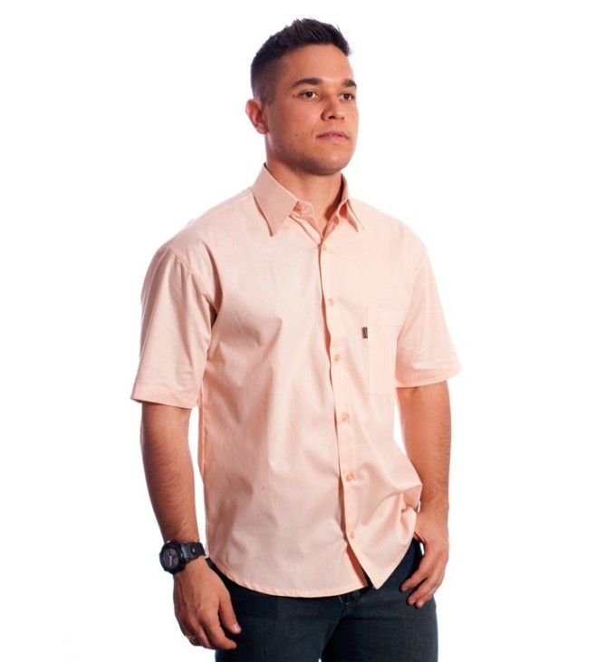Camisa social salmão masculina de tricoline manga curta Camisa social salmão masculina de tricoline manga curta