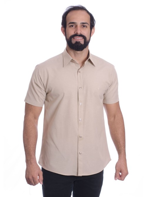 Camisa social cáqui masculina de tricoline manga curta Camisa social cáqui masculina de tricoline manga curta
