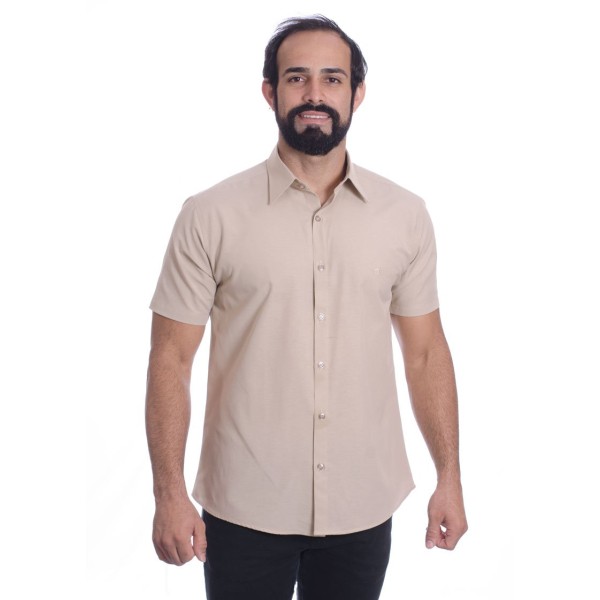 Camisa social cáqui masculina de tricoline manga curta
