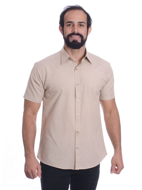 Camisa social cáqui masculina de tricoline manga curta