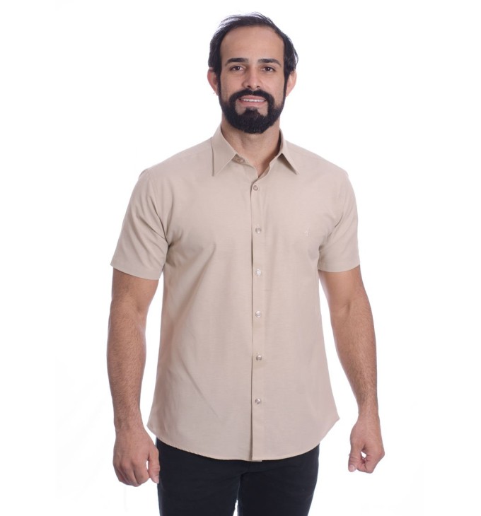 Camisa social cáqui masculina de tricoline manga curta Camisa social cáqui masculina de tricoline manga curta