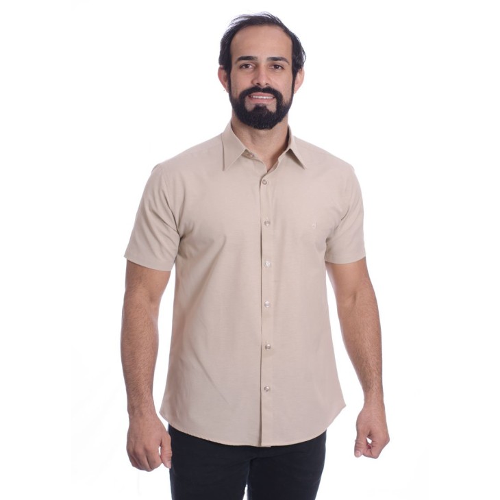 Camisa social cáqui masculina de tricoline manga curta