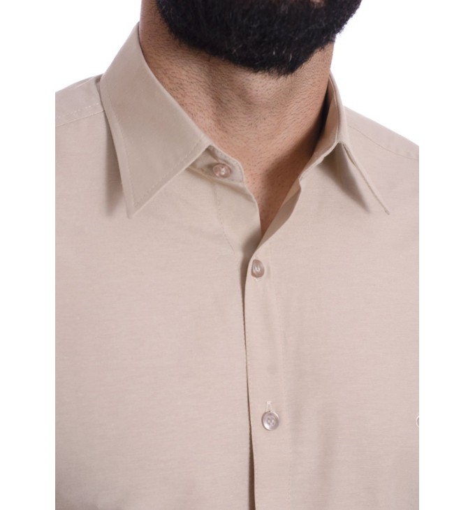 Camisa social cáqui masculina de tricoline manga curta Camisa social cáqui masculina de tricoline manga curta