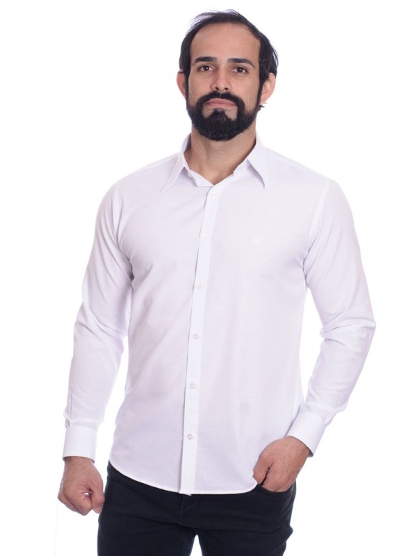 Camisa social branca masculina de tricoline manga longa