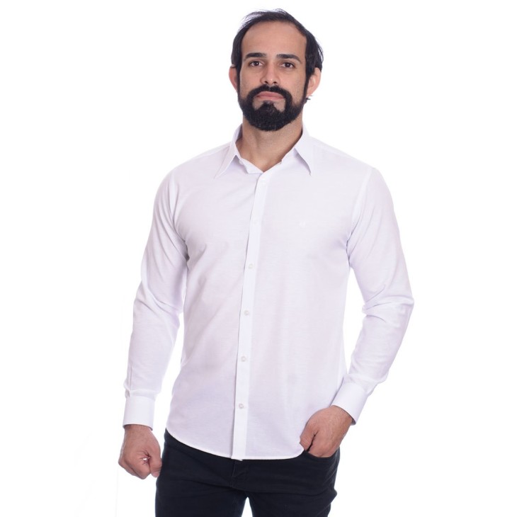 Camisa social branca masculina de tricoline manga longa