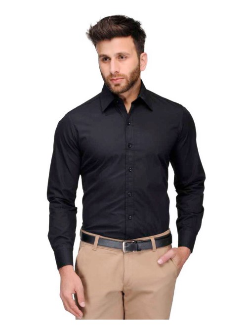 Camisa social preta masculina de tricoline manga longa