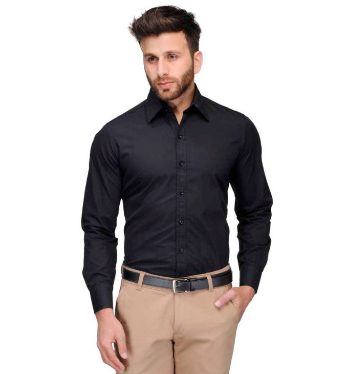 Camisa social preta masculina de tricoline manga longa Camisa social preta masculina de tricoline manga longa