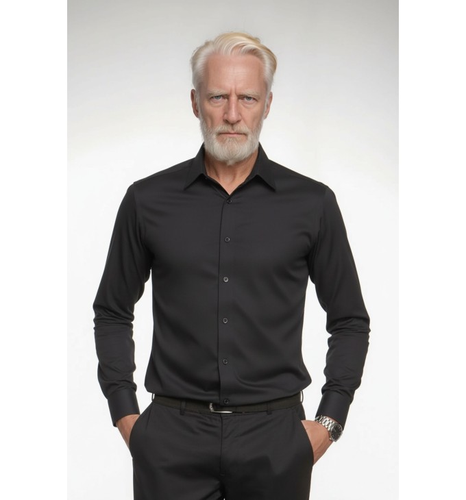 Camisa social preta masculina de tricoline manga longa