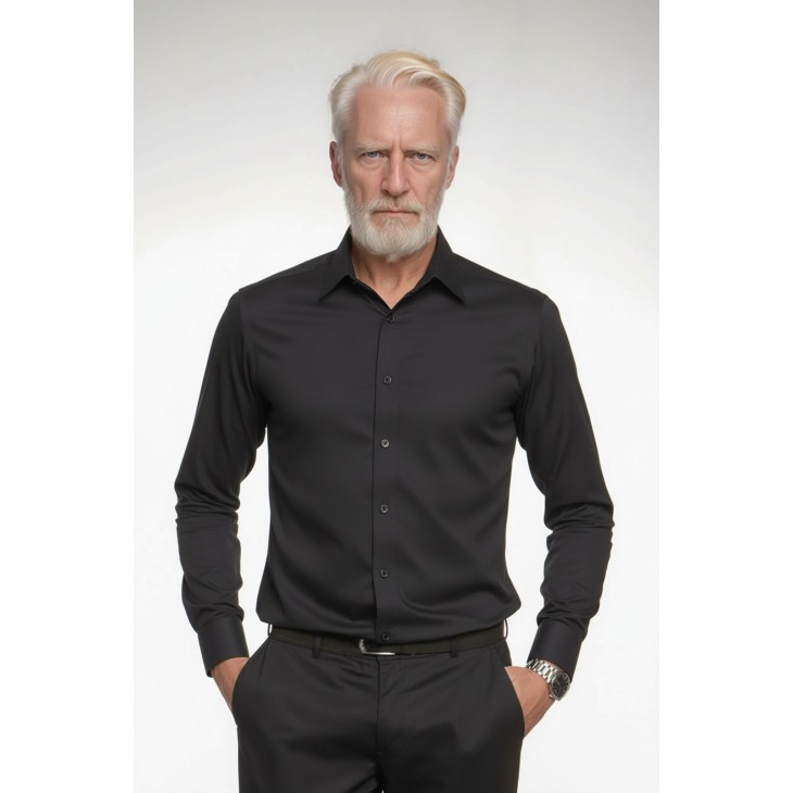 Camisa social preta masculina de tricoline manga longa