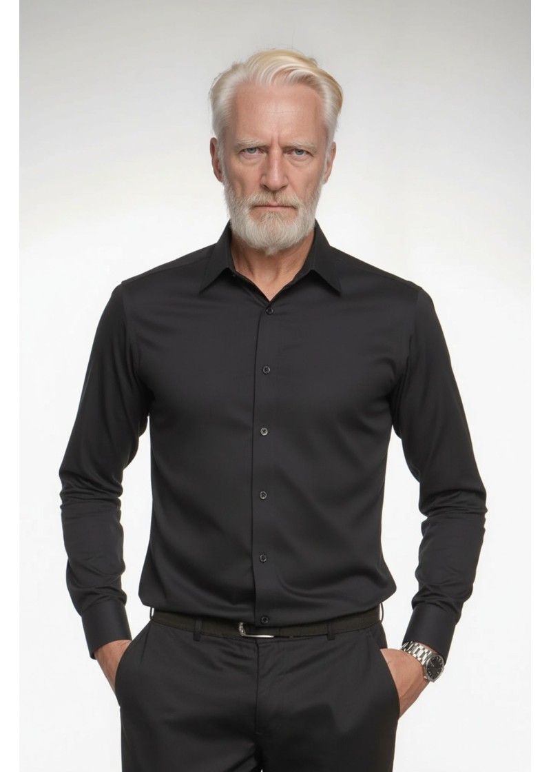 Camisa social preta masculina de tricoline manga longa