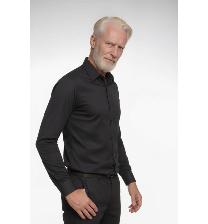 Camisa social preta masculina de tricoline manga longa