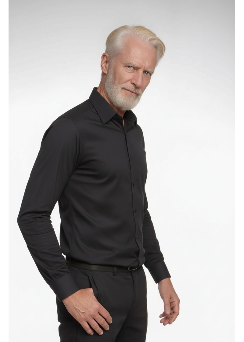 Camisa social preta masculina de tricoline manga longa