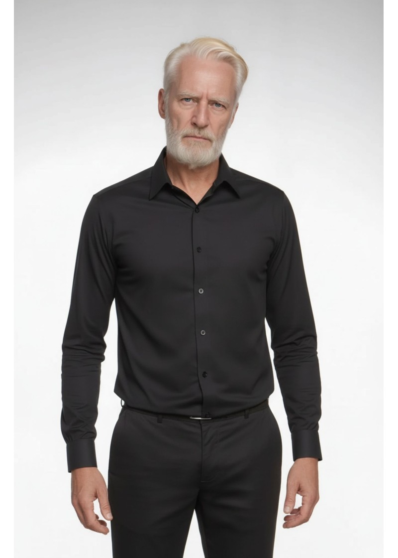 Camisa social preta masculina de tricoline manga longa