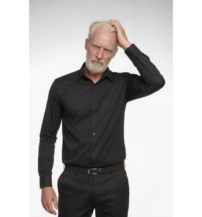 Camisa social preta masculina de tricoline manga longa