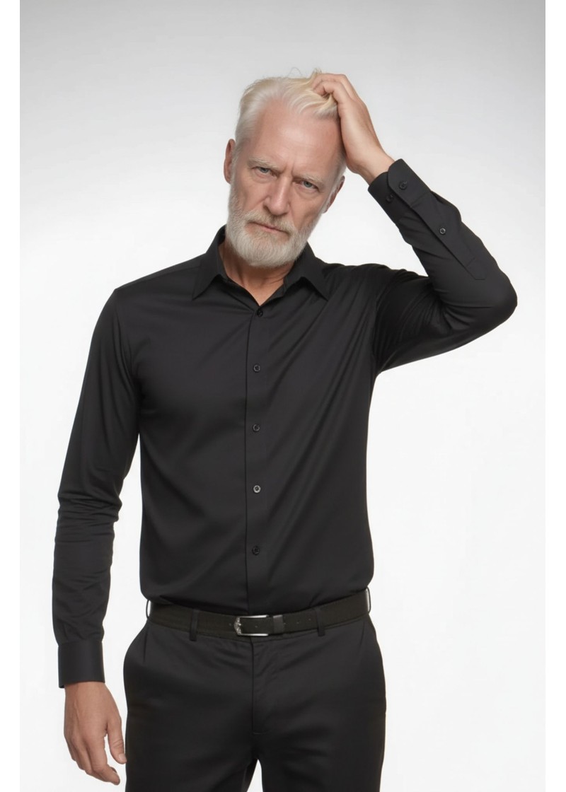 Camisa social preta masculina de tricoline manga longa