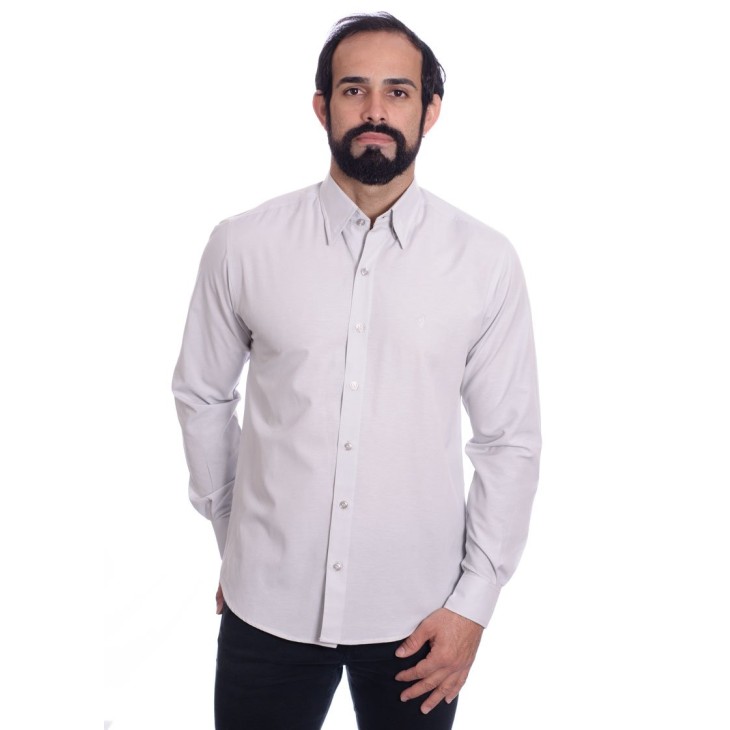 Camisa social cinza masculina de tricoline manga longa