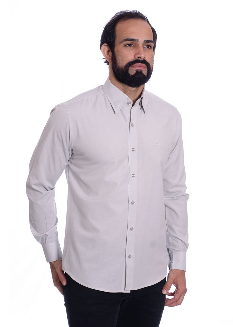Camisa social cinza masculina de tricoline manga longa