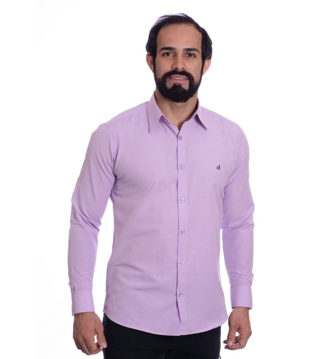Camisa social lilás masculina de tricoline manga longa Camisa social lilás masculina de tricoline manga longa