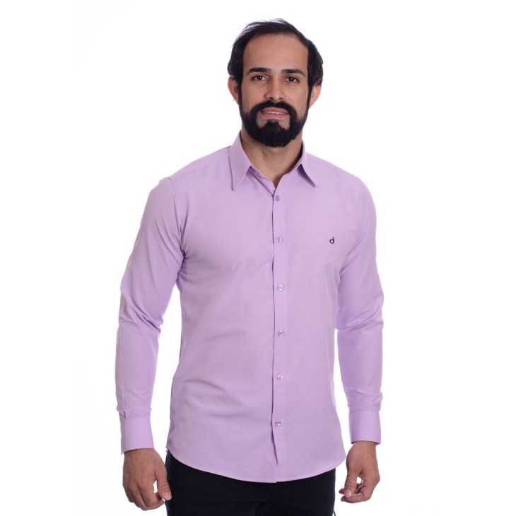 Camisa social lilás masculina de tricoline manga longa