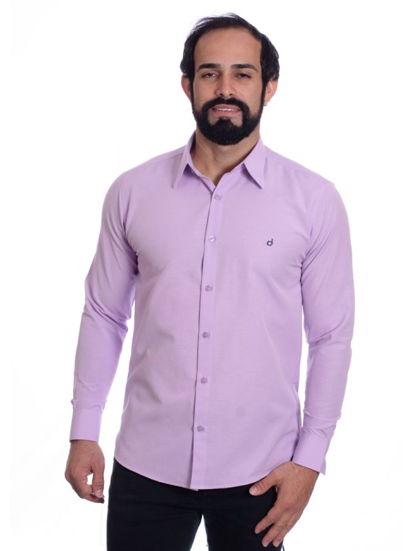 Camisa social lilás masculina de tricoline manga longa