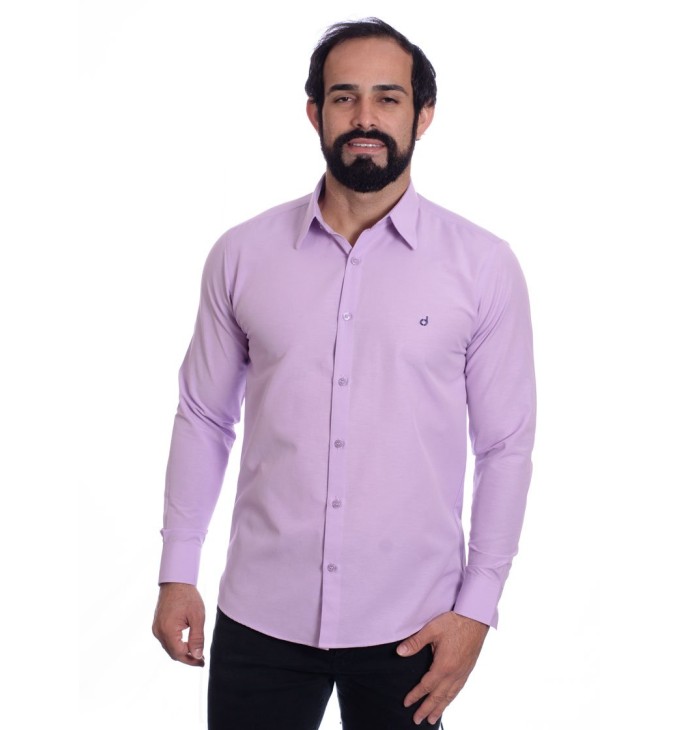 Camisa social lilás masculina de tricoline manga longa Camisa social lilás masculina de tricoline manga longa