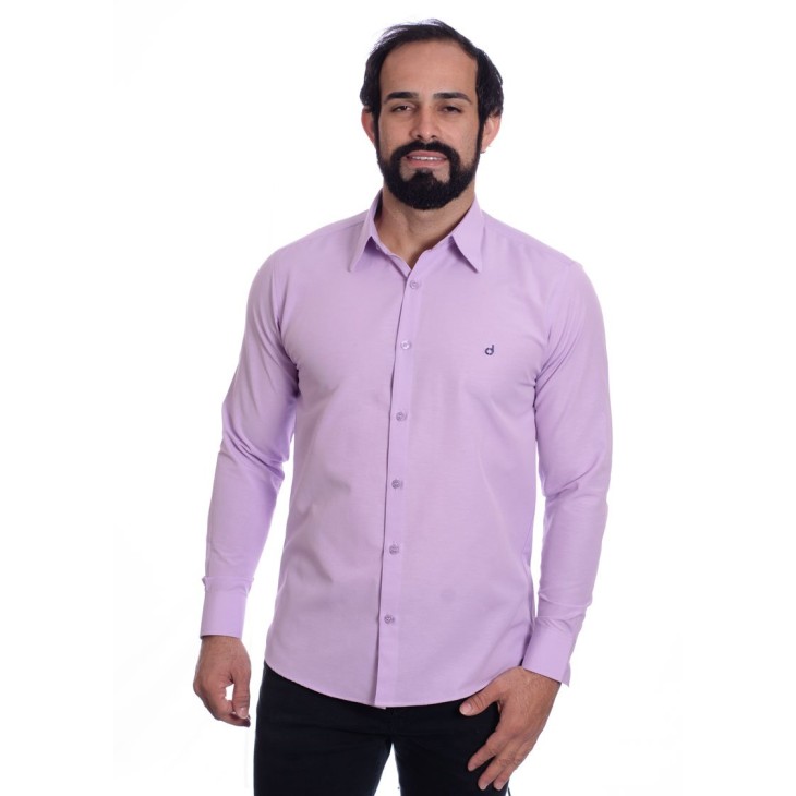 Camisa social lilás masculina de tricoline manga longa