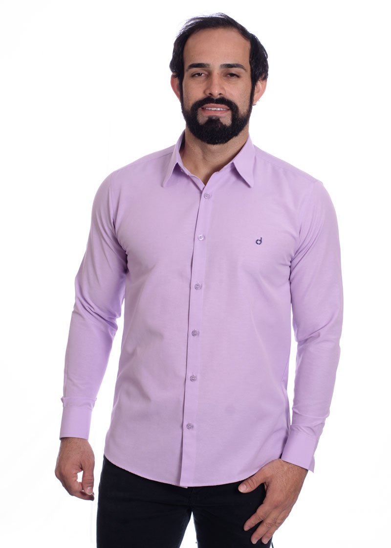Camisa social lilás masculina de tricoline manga longa