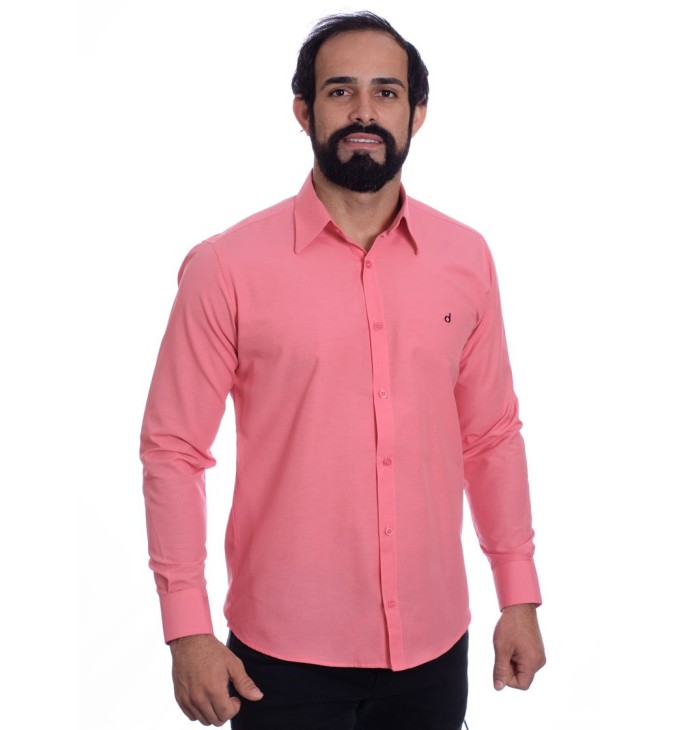 Camisa social goiaba masculina de tricoline manga longa