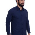 Camisa social azul marinho masculina de tricoline manga longa