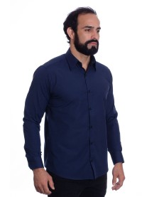 Camisa social azul marinho masculina de tricoline manga longa