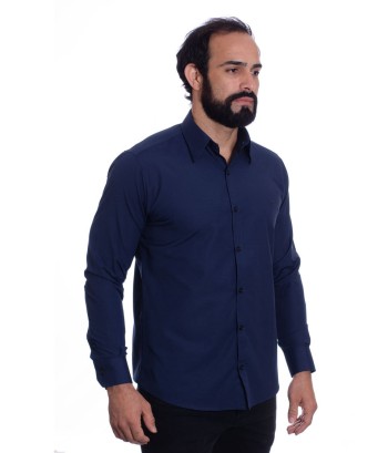 Camisa social azul marinho masculina de tricoline manga longa