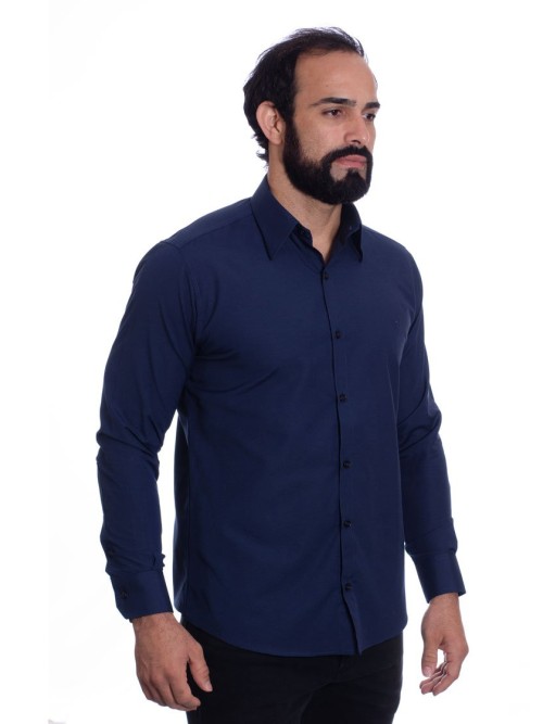 Camisa social azul marinho masculina de tricoline manga longa