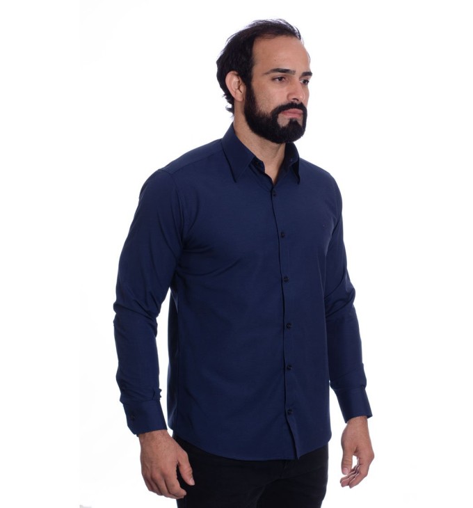 Camisa social azul marinho masculina de tricoline manga longa Camisa social azul marinho masculina de tricoline manga longa