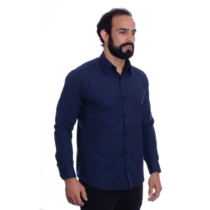 Camisa social azul marinho masculina de tricoline manga longa