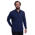 Camisa social azul marinho masculina de tricoline manga longa