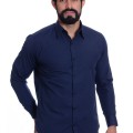 Camisa social azul marinho masculina de tricoline manga longa