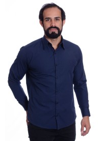Camisa social azul marinho masculina de tricoline manga longa