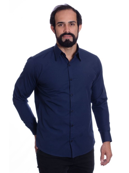 Camisa social azul marinho masculina de tricoline manga longa