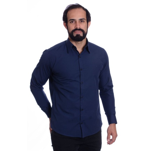 Camisa social azul marinho masculina de tricoline manga longa